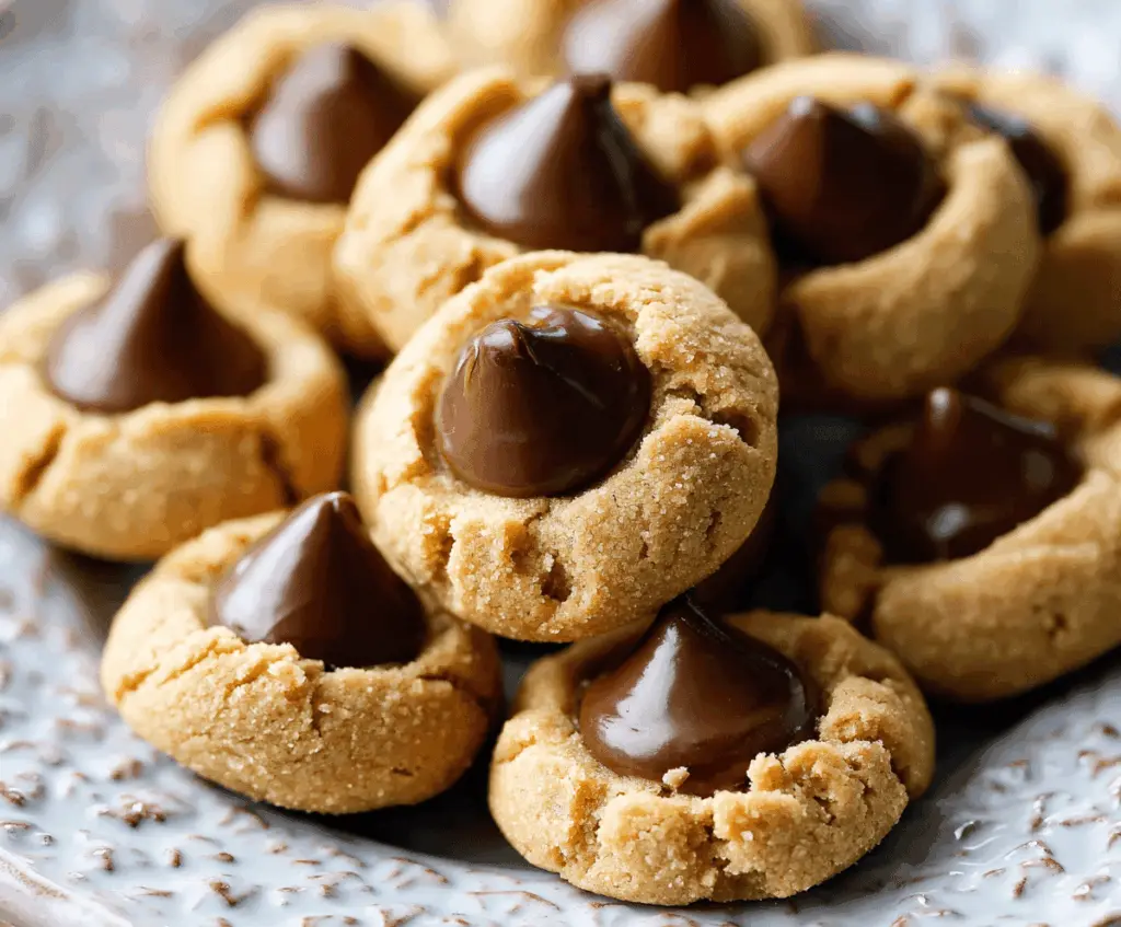 Delicious Peanut Butter Blossom cookies topped with a chocolate kiss on a white plate.