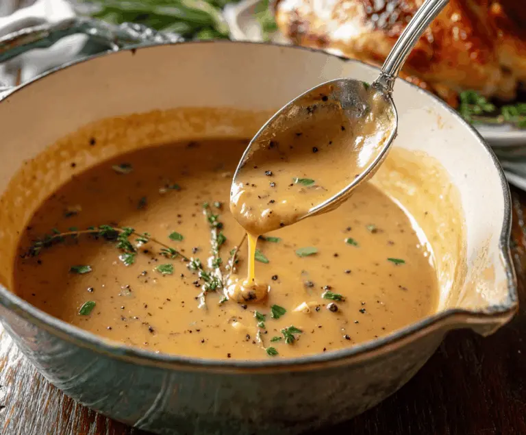 Delicious homemade turkey gravy served in a white gravy boat, perfect for holiday dinners.