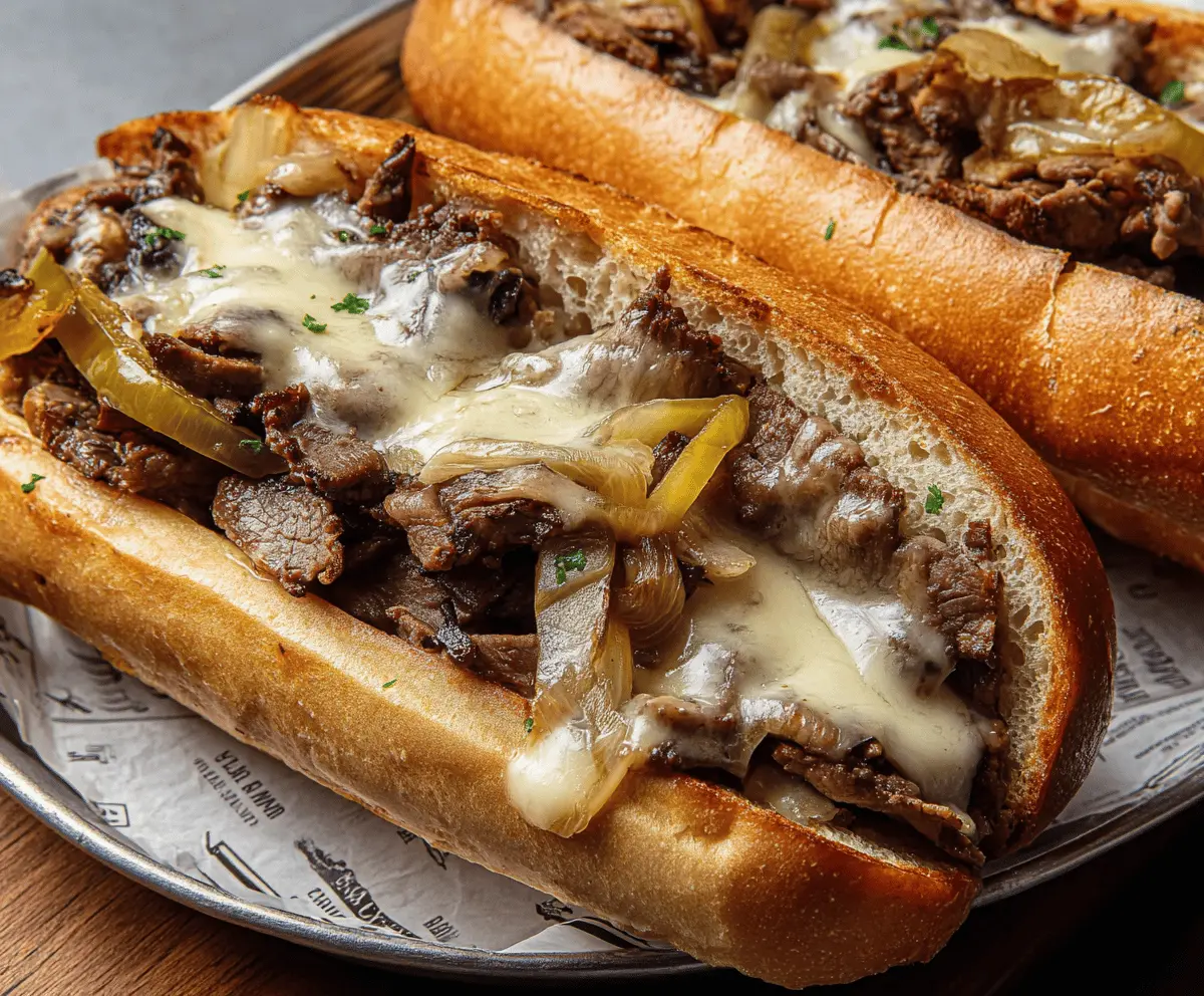 Delicious Philly Cheesesteak sandwich with melted cheese, thinly sliced beef, and fresh baguette.