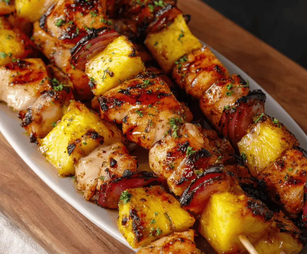 Juicy pineapple and tender chicken kabobs grilled to perfection on skewers, perfect for a summer barbecue.