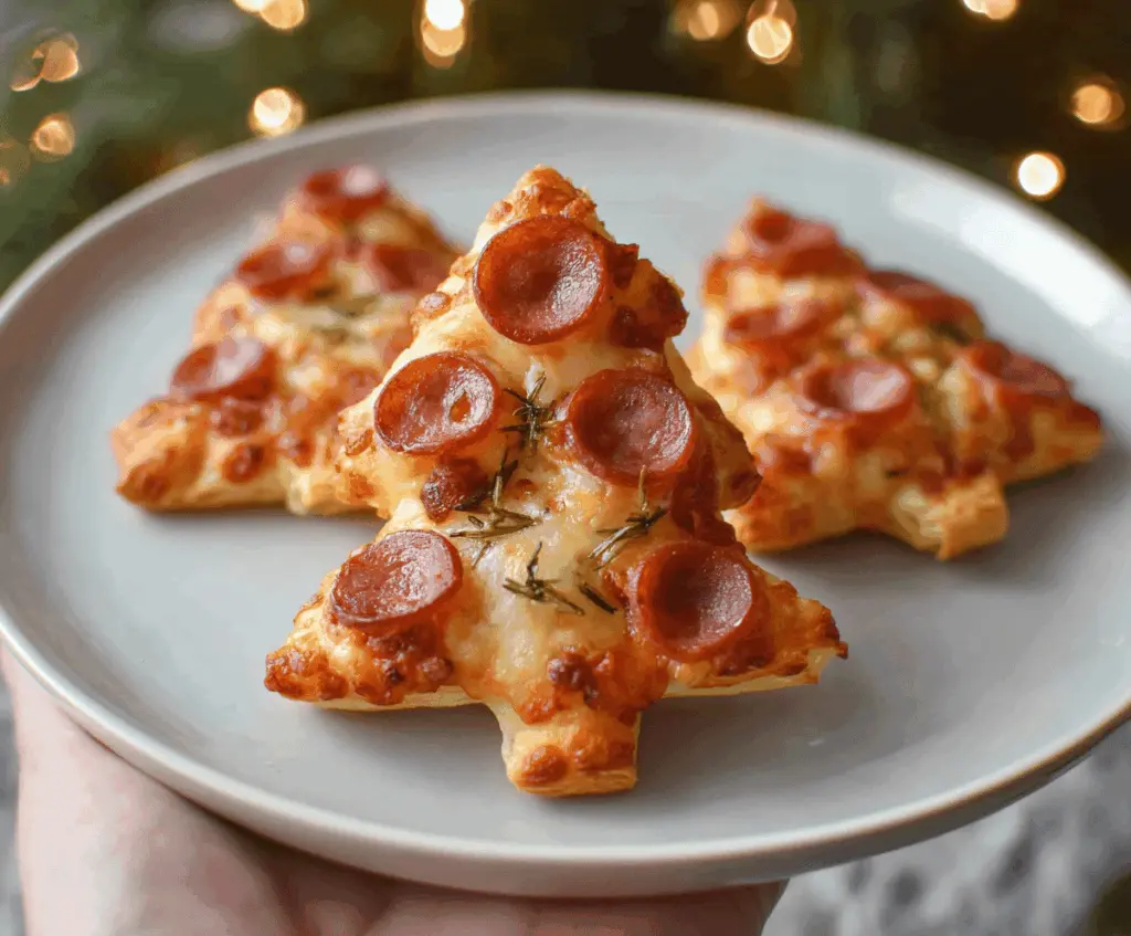 Delicious puff pastry Christmas tree pizza bites with colorful toppings for festive holidays.