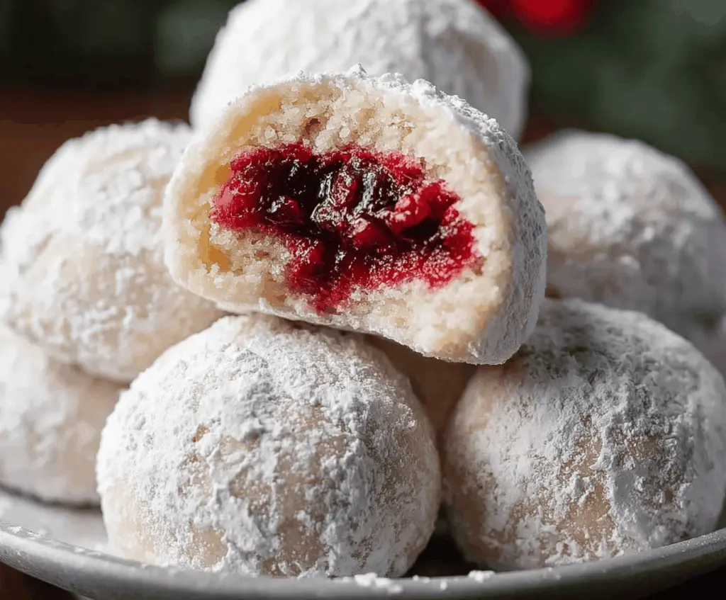 Delicious Raspberry Filled Almond Snowball Cookies with a snowy powdered sugar coating.