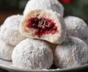 Raspberry Filled Almond Snowball Cookies