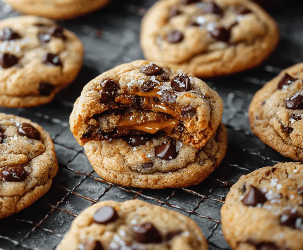 Delicious salted caramel chocolate chip cookies fresh out of the oven with gooey caramel and melted chocolate chips.