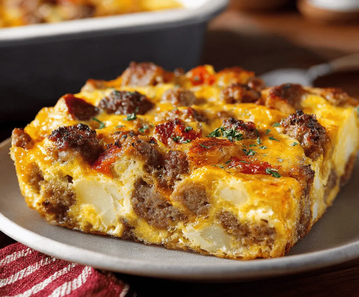 Delicious sausage and egg casserole with melted cheese for a hearty breakfast