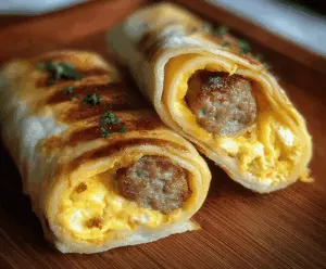 Delicious sausage and scrambled eggs wrapped in a soft roll for breakfast.