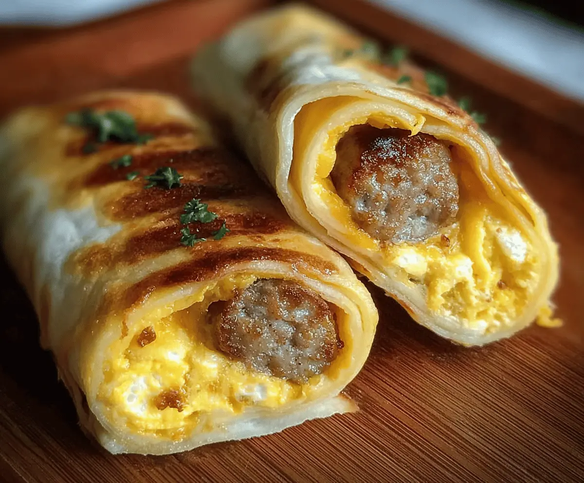 Delicious sausage and scrambled eggs wrapped in a soft roll for breakfast.