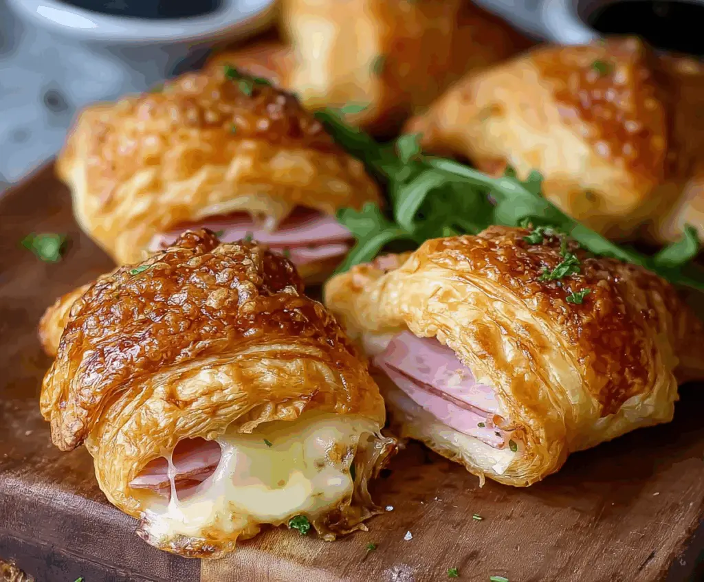 Delicious ham and cheese croissant delights baked to perfection, showcasing flaky layers and melty cheese.