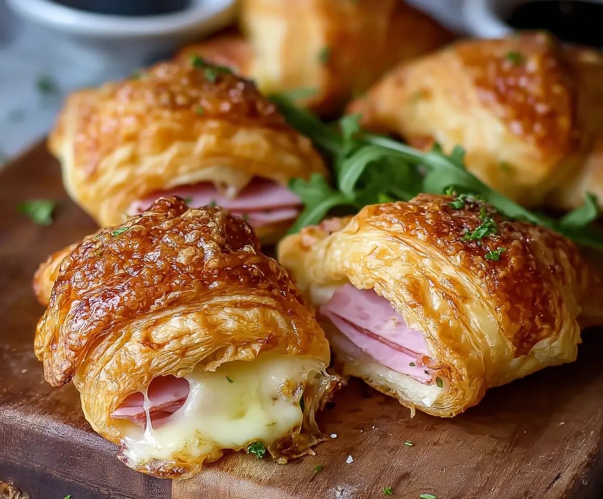 Delicious ham and cheese croissant delights baked to perfection, showcasing flaky layers and melty cheese.