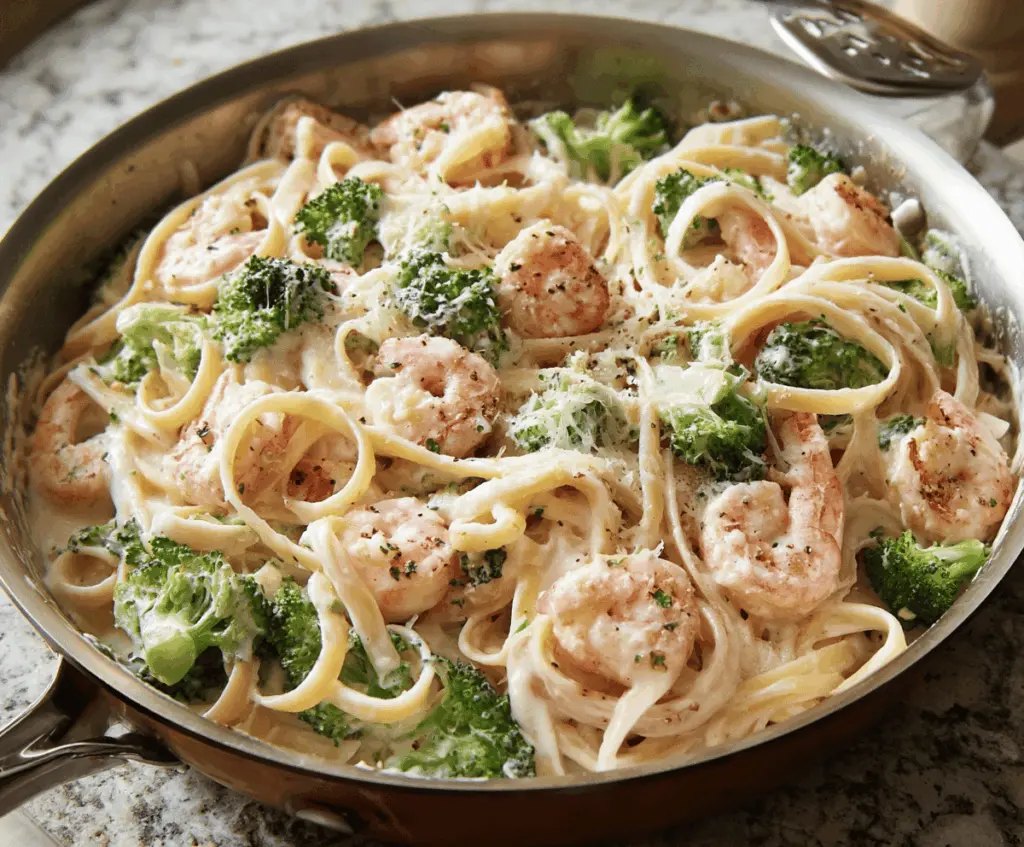 Delicious shrimp and broccoli Alfredo served on a white plate, garnished with herbs.