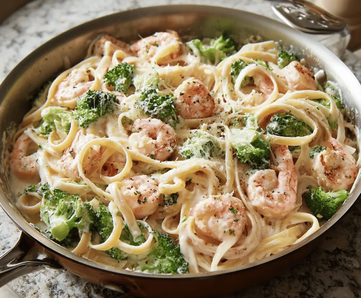 Delicious shrimp and broccoli Alfredo served on a white plate, garnished with herbs.