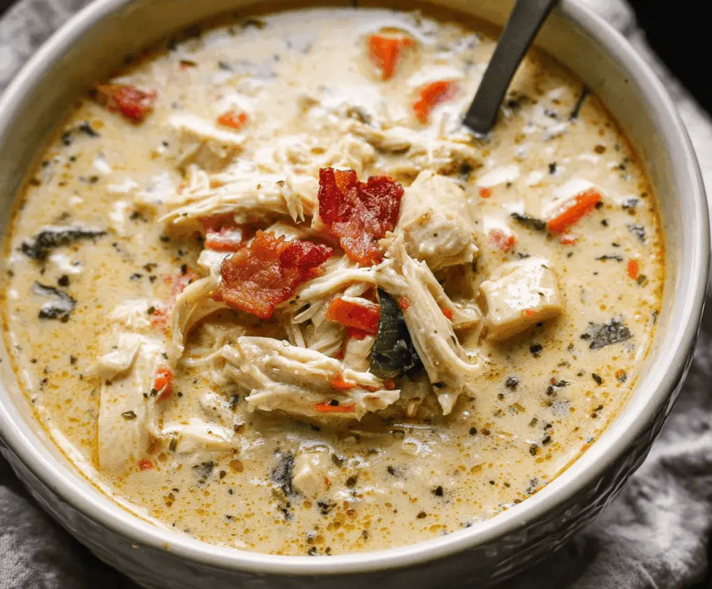 Delicious slow cooker creamy crack chicken soup in a bowl topped with herbs.