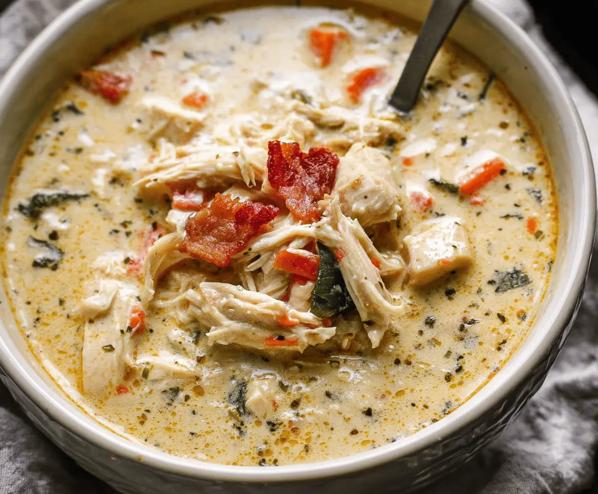 Delicious slow cooker creamy crack chicken soup in a bowl topped with herbs.