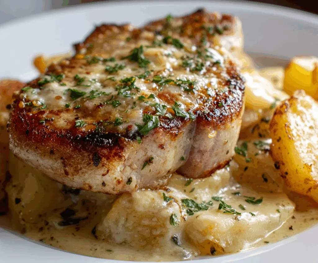 Delicious smothered pork chop served with a creamy scalloped potato casserole on a rustic plate.