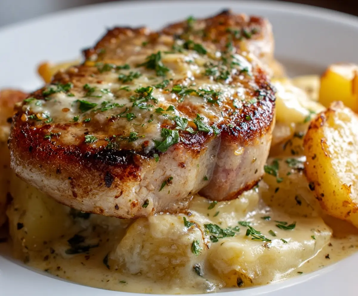 Delicious smothered pork chop served with a creamy scalloped potato casserole on a rustic plate.