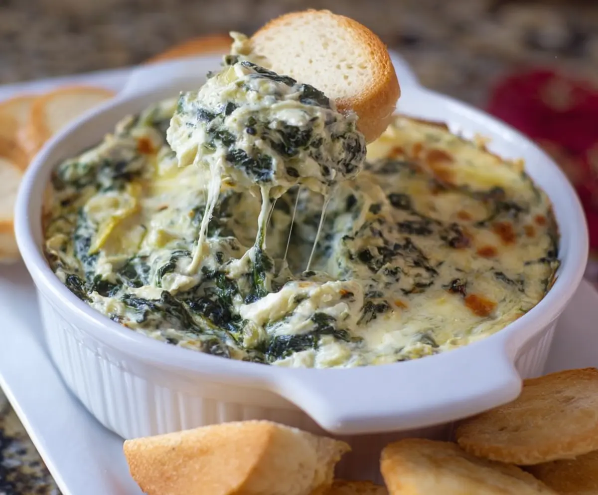 Creamy spinach artichoke dip served with crispy bread slices, perfect for parties and gatherings.