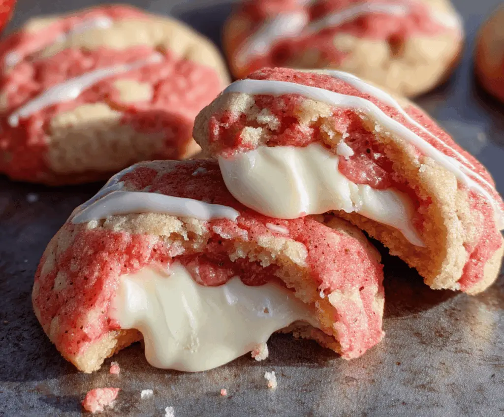 Delicious strawberry cheesecake stuffed cookies with creamy filling and fresh strawberries on top.