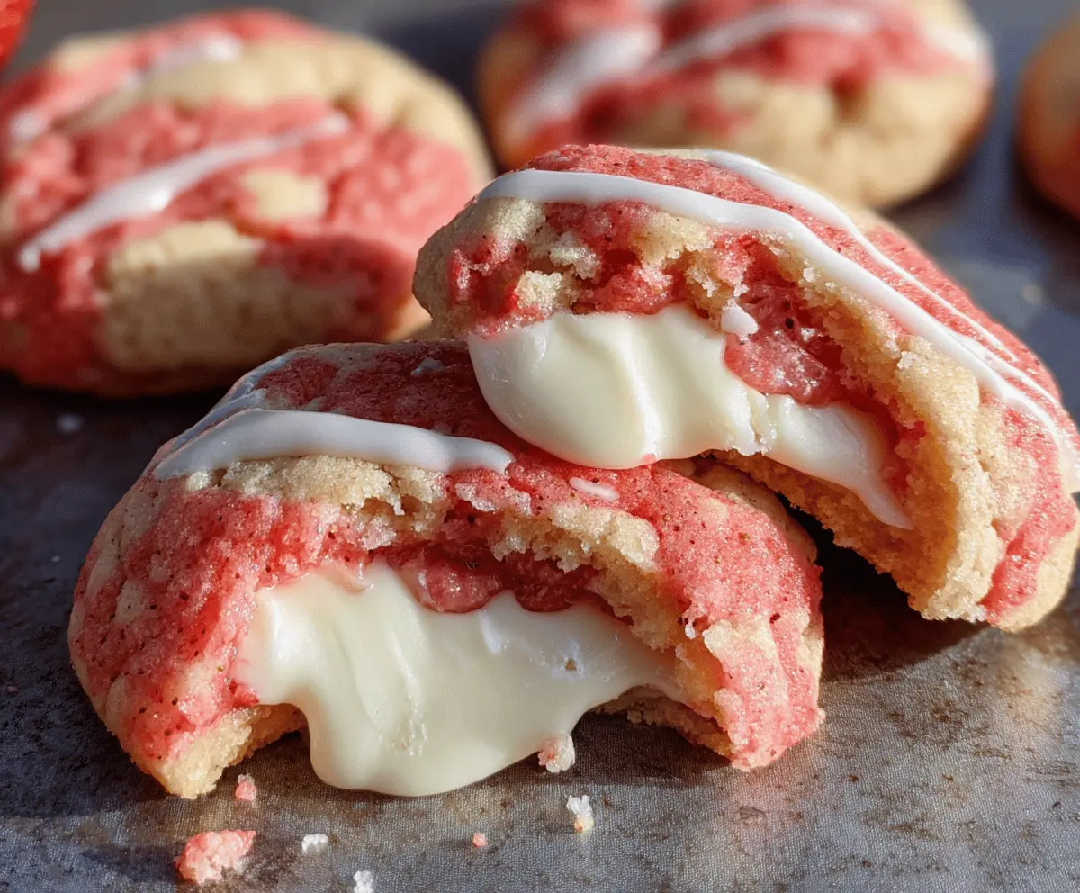 Delicious strawberry cheesecake stuffed cookies with creamy filling and fresh strawberries on top.