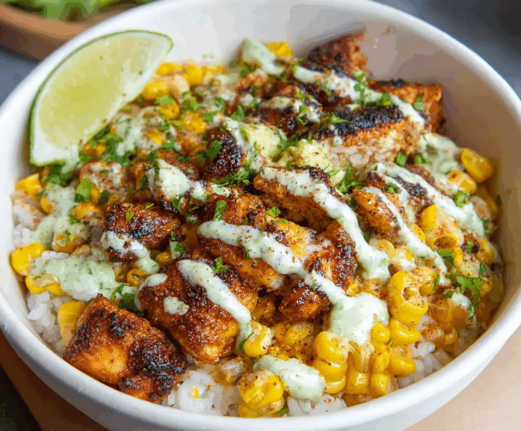 Delicious Street Corn Chicken Rice Bowl with fresh toppings and vibrant colors.