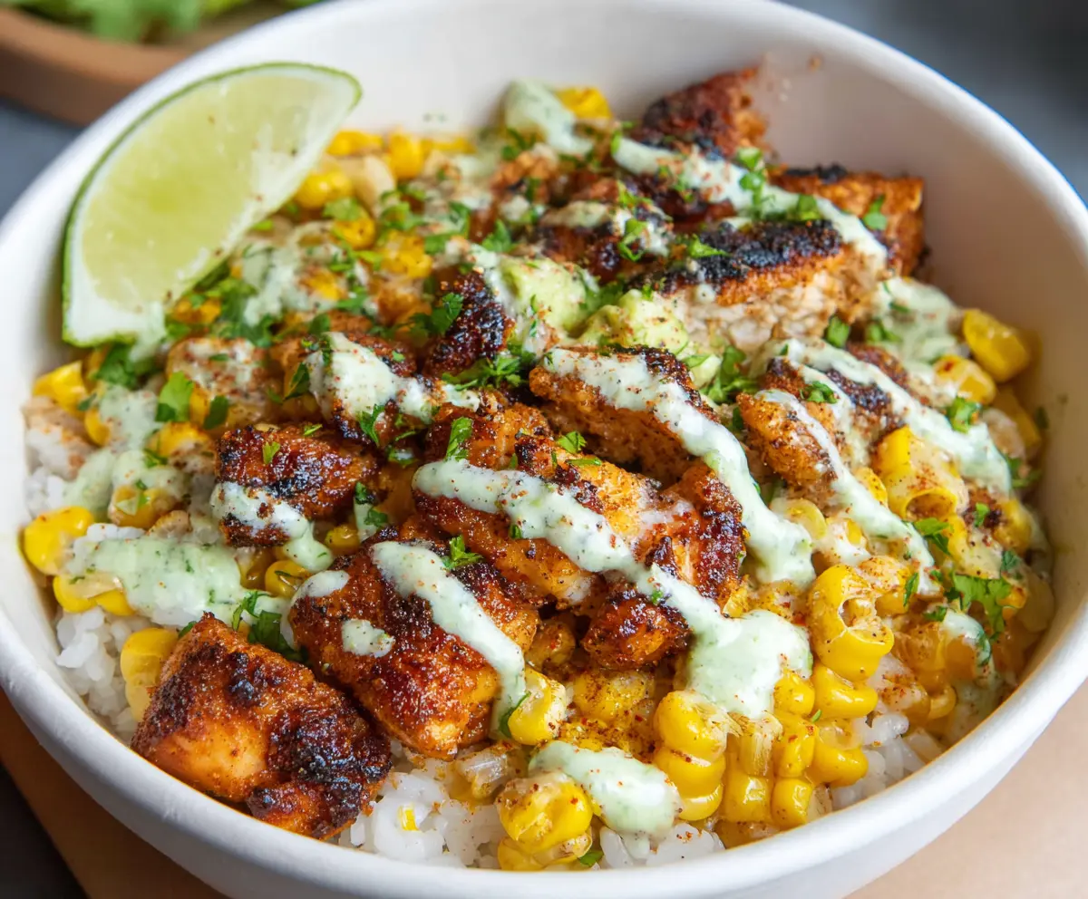Delicious Street Corn Chicken Rice Bowl with fresh toppings and vibrant colors.