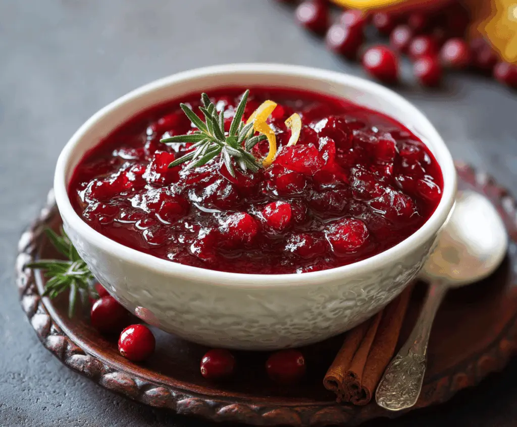 Delicious homemade Christmas cranberry sauce served in a bowl with fresh cranberries and mint garnish.