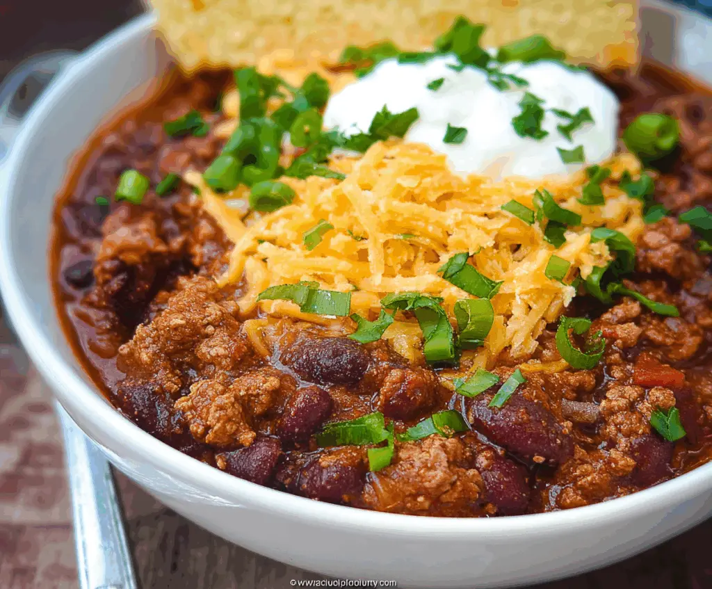 Hearty bowl of The Pioneer Woman Chili with beans, meat, and spices ready to serve.