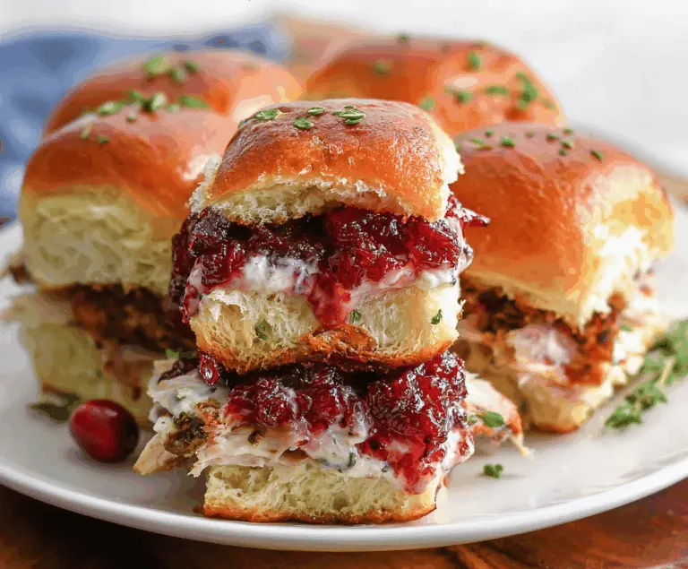 Delicious turkey cranberry sliders assembled with fresh bread, turkey slices, cranberry sauce, and garnished with herbs.