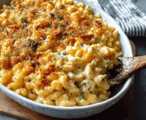 Delicious creamy macaroni and cheese served in a bowl with a golden crust on top.