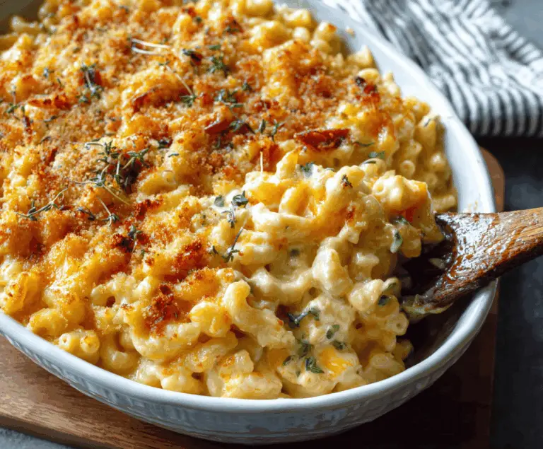 Delicious creamy macaroni and cheese served in a bowl with a golden crust on top.