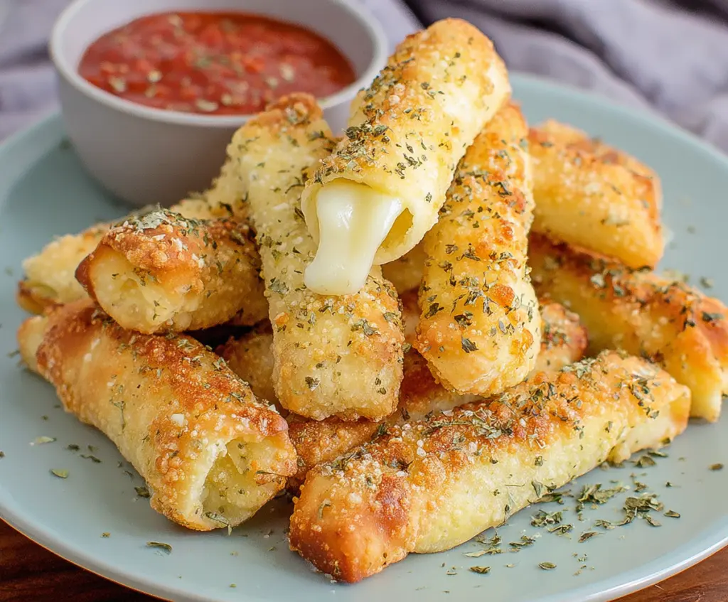 Crispy Air Fryer Wonton Mozzarella Sticks served with marinara sauce on a white plate.