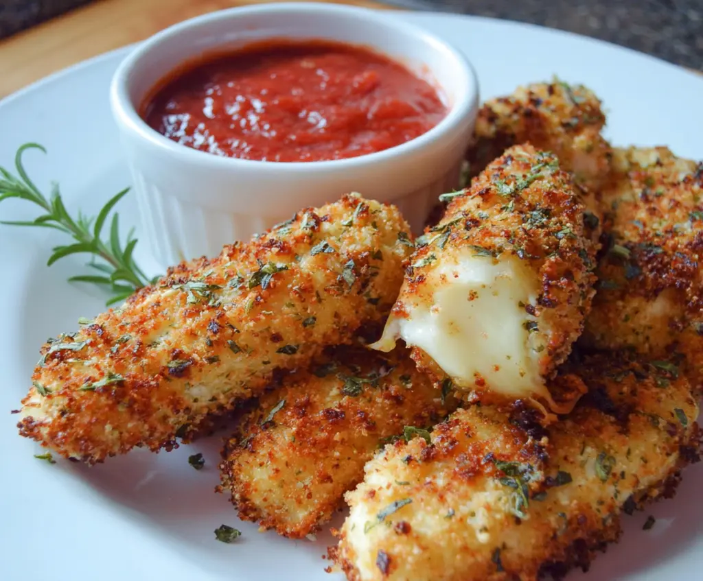 Crispy baked mozzarella sticks served with marinara sauce on a white plate.