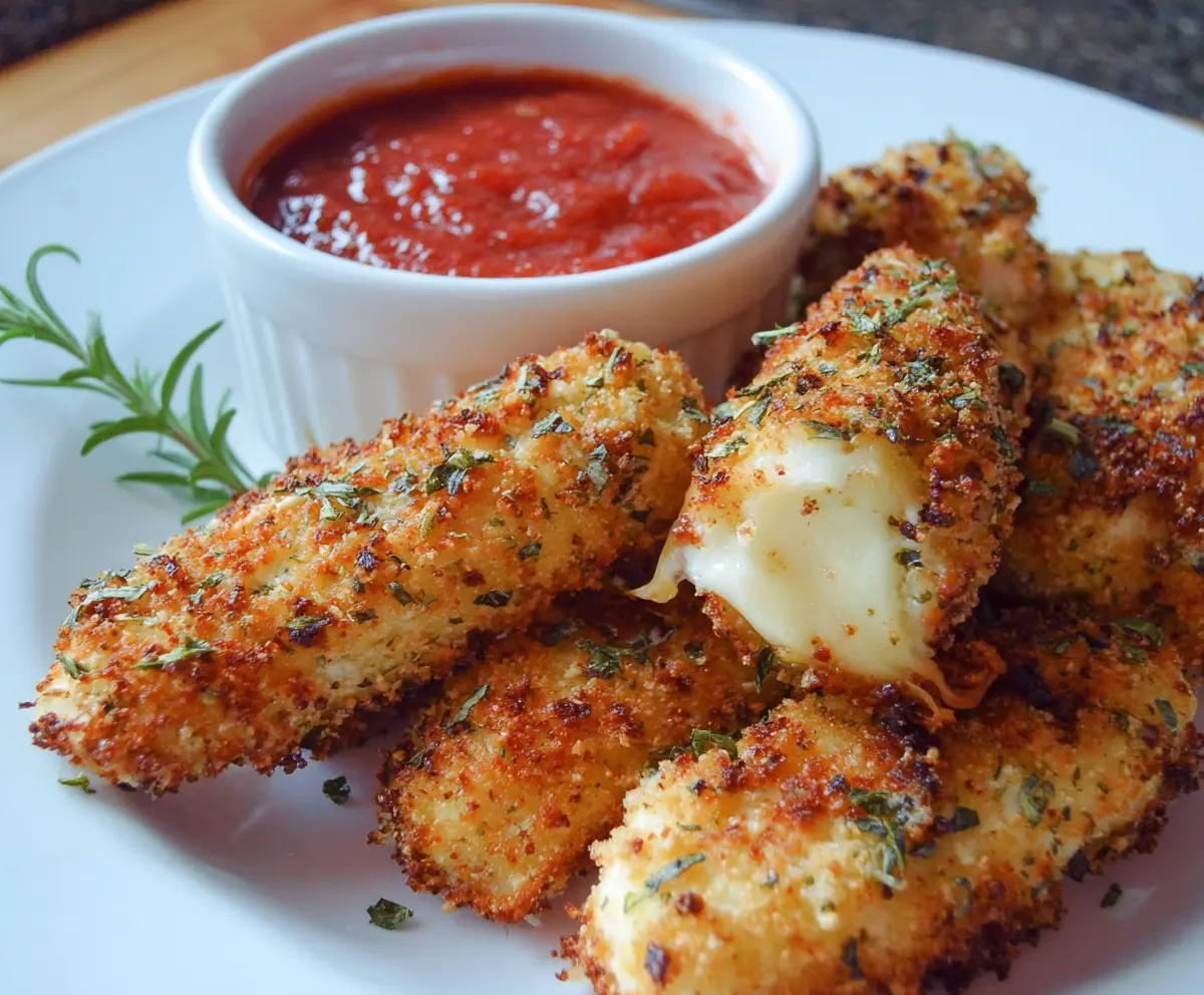 Crispy baked mozzarella sticks served with marinara sauce on a white plate.