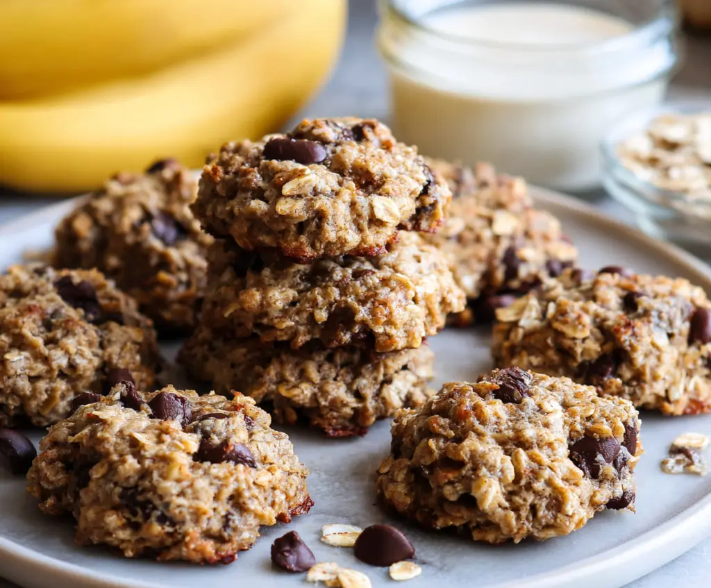 Delicious homemade banana oatmeal cookies on a white plate, showcasing their golden-brown texture and soft centers.