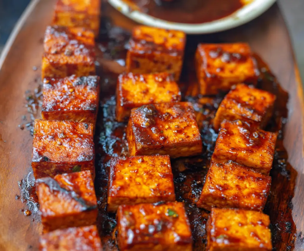 Delicious BBQ tofu slabs grilled to perfection with smoky flavor and vibrant vegetables on the side
