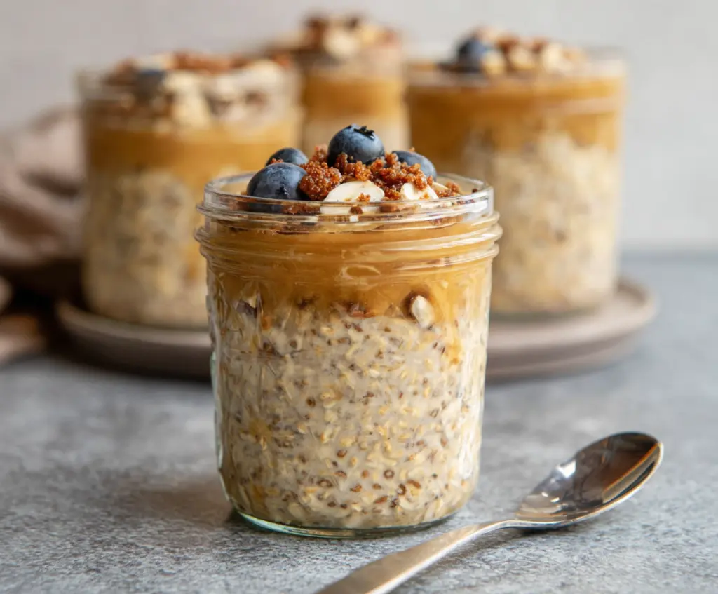 Creamy brown sugar overnight oats in a glass jar topped with fresh berries for a healthy breakfast.
