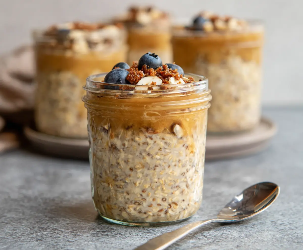 Creamy brown sugar overnight oats in a glass jar topped with fresh berries for a healthy breakfast.