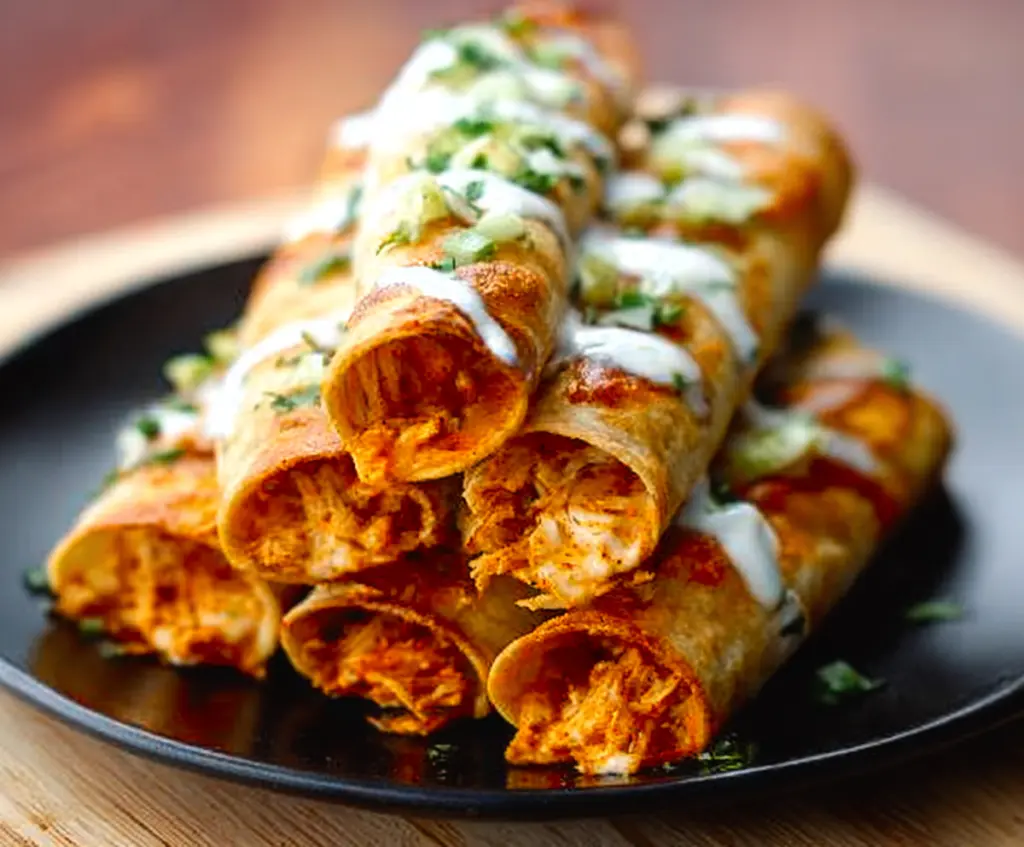 Delicious Buffalo Chicken Taquitos with crispy edges and spicy sauce, perfect for snacks or parties.