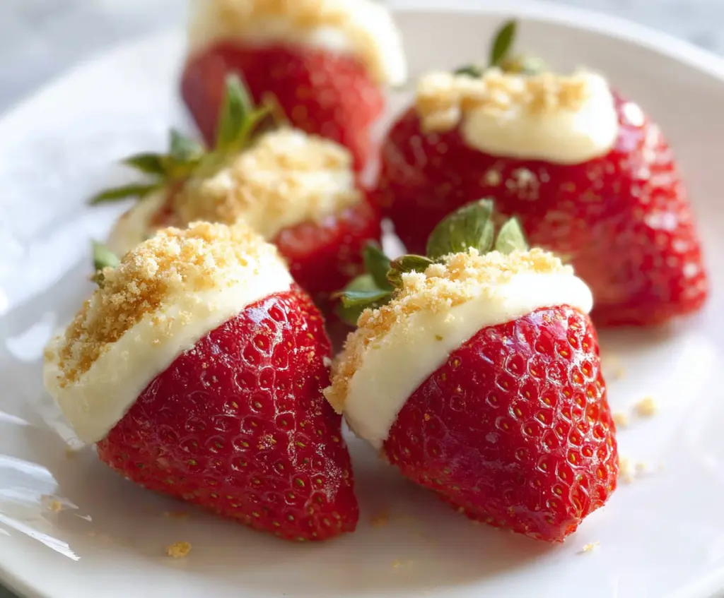 Delicious cheesecake stuffed strawberries garnished with fresh mint on a white plate.