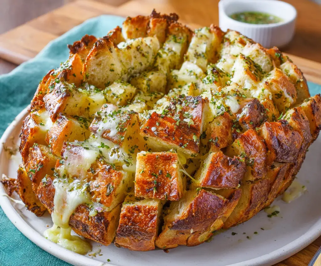 Delicious cheesy pull apart garlic bread fresh out of the oven, perfect for sharing.