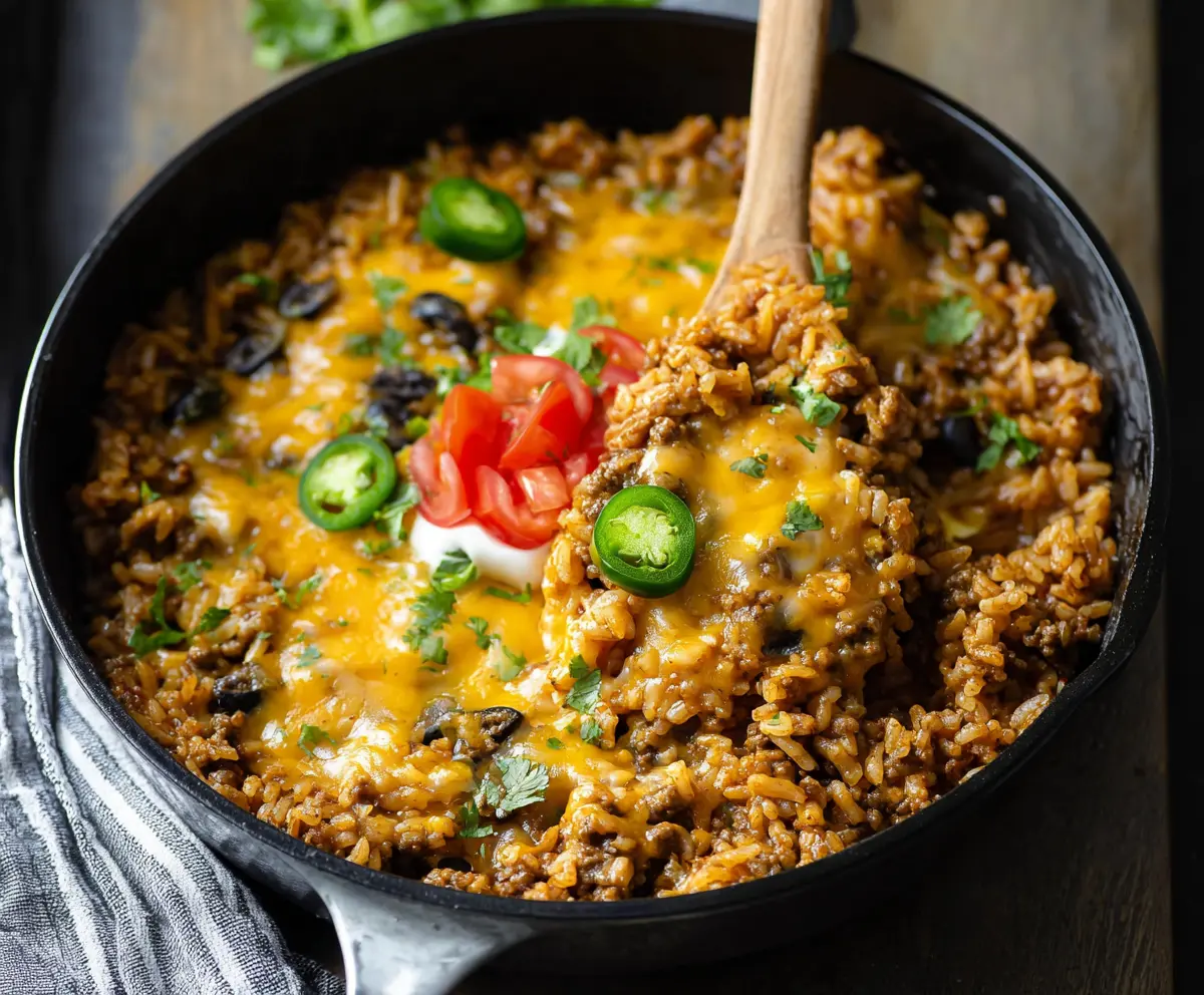 Delicious Cheesy Taco Rice Skillet topped with melted cheese and fresh toppings.