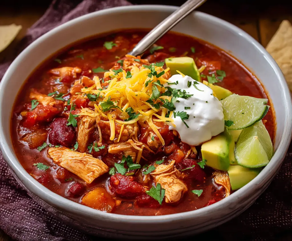 Hearty chicken chili served in a bowl with fresh herbs and spices for a warm, comforting meal.