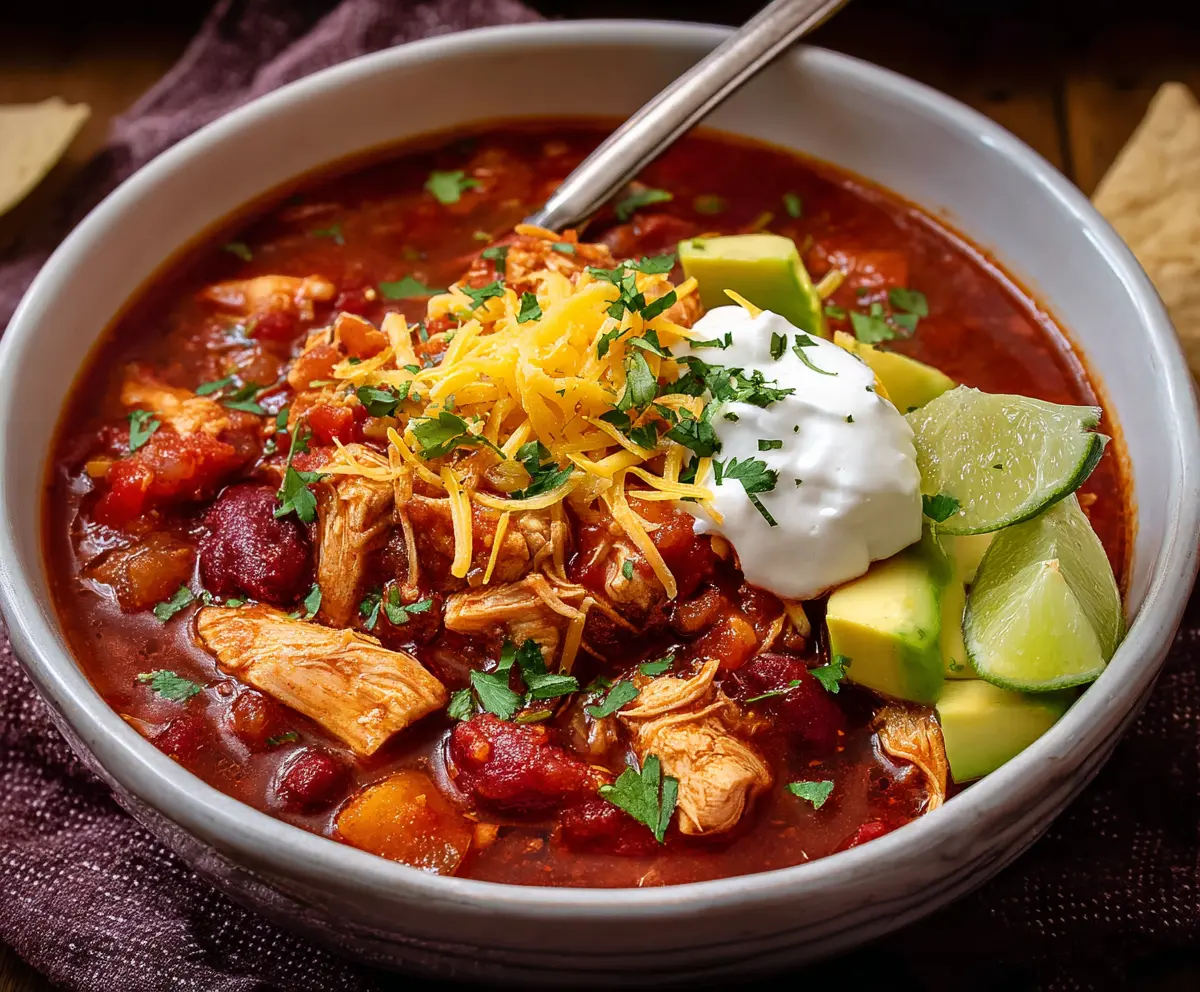 Hearty chicken chili served in a bowl with fresh herbs and spices for a warm, comforting meal.