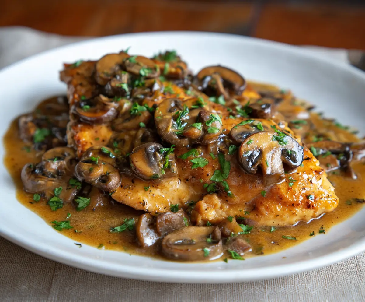 Delicious Chicken Marsala served with sautéed mushrooms and a rich wine sauce on a white plate.