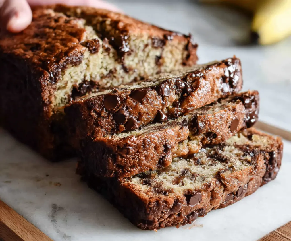 Delicious homemade chocolate chip banana bread fresh out of the oven.