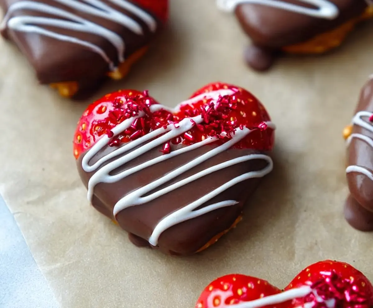 Delicious chocolate-dipped strawberry pretzel hearts, perfect for Valentine's Day treats.