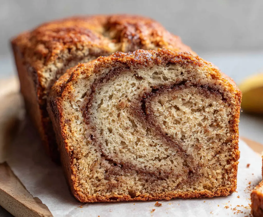 Delicious cinnamon swirl banana bread freshly baked and slice-ready on a rustic wooden table.