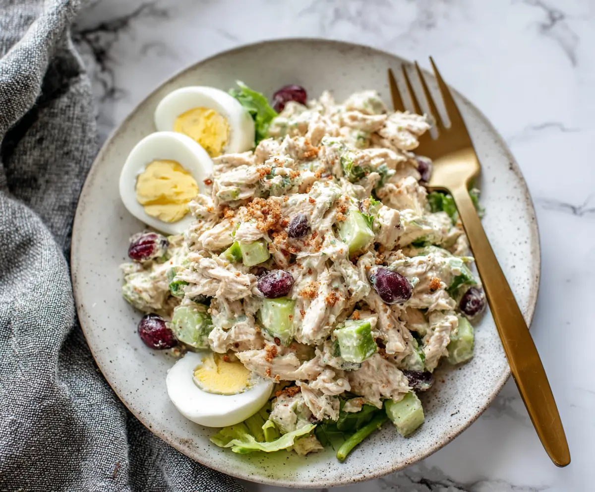 Delicious classic chicken salad with fresh vegetables and dressing in a bowl