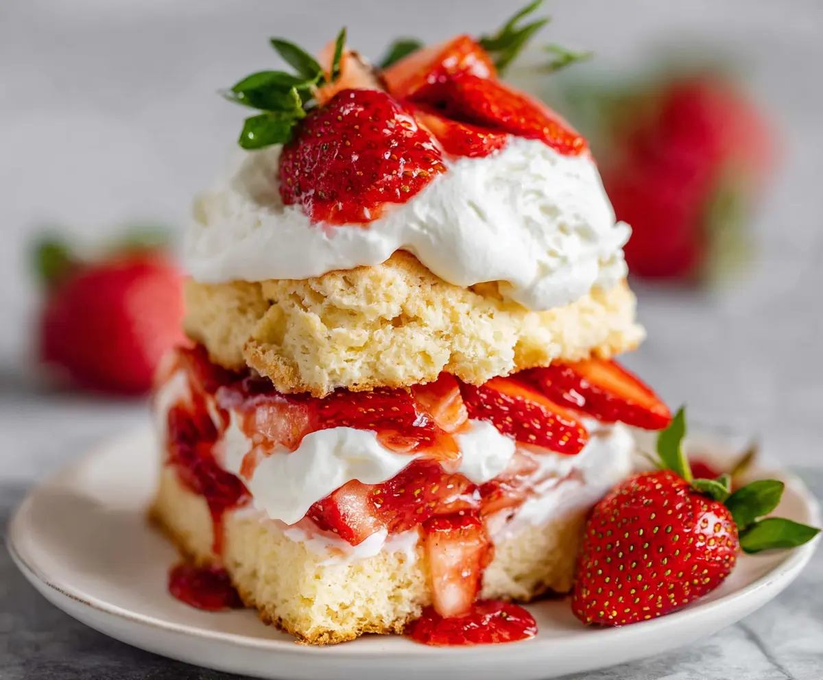 Delicious classic strawberry shortcake with fresh strawberries, fluffy whipped cream, and golden sponge cake.