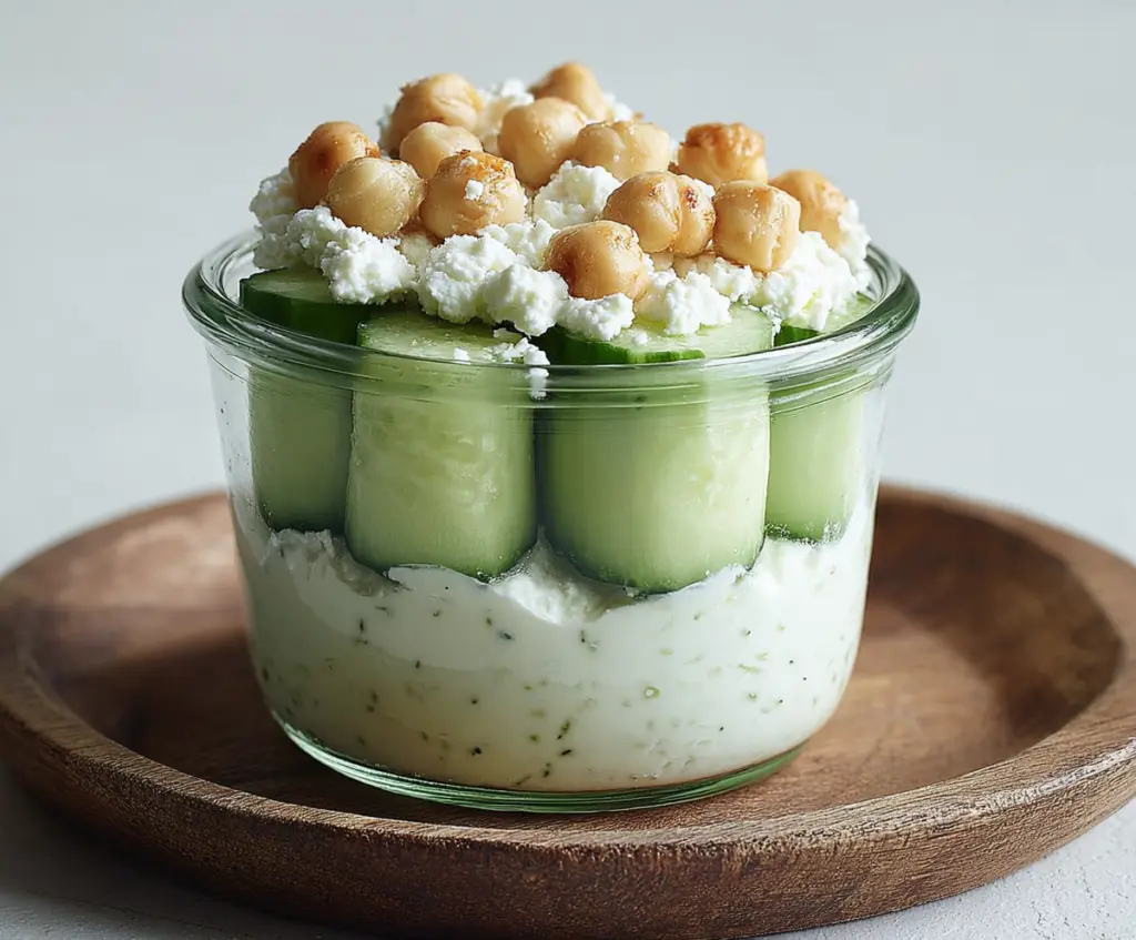 Delicious cottage cheese cucumber snack cups garnished with fresh herbs.