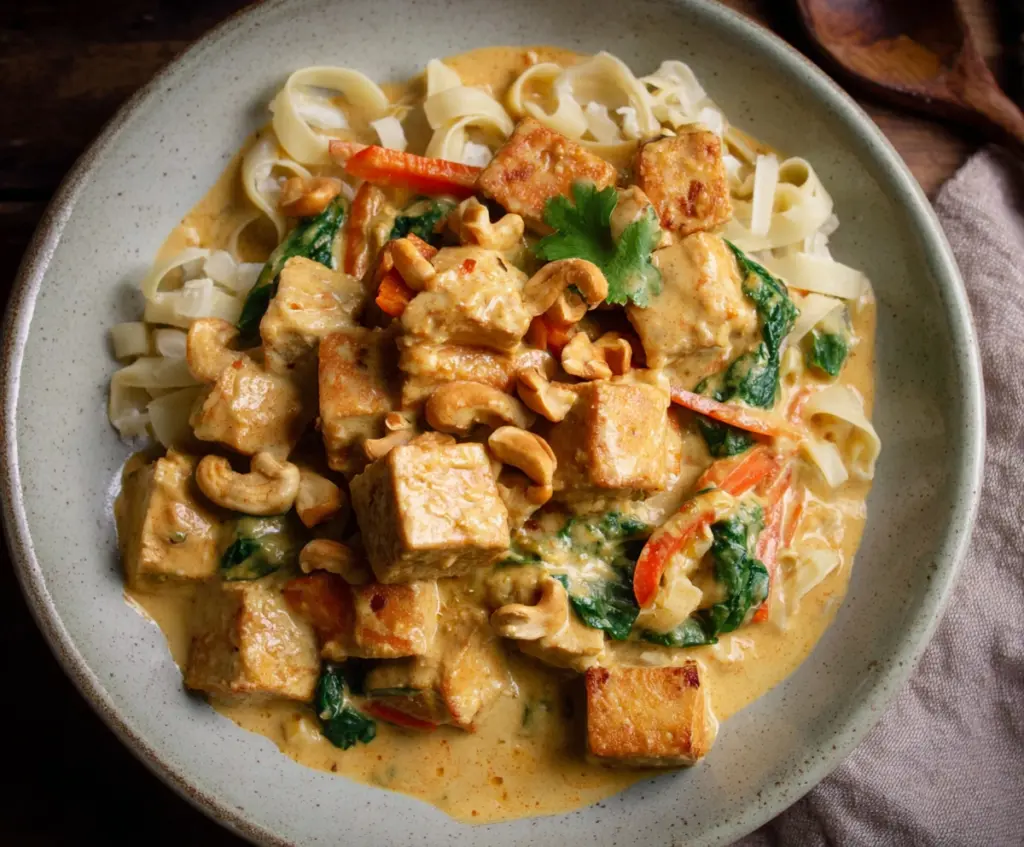 Creamy coconut curry tofu dish with vibrant vegetables and aromatic spices